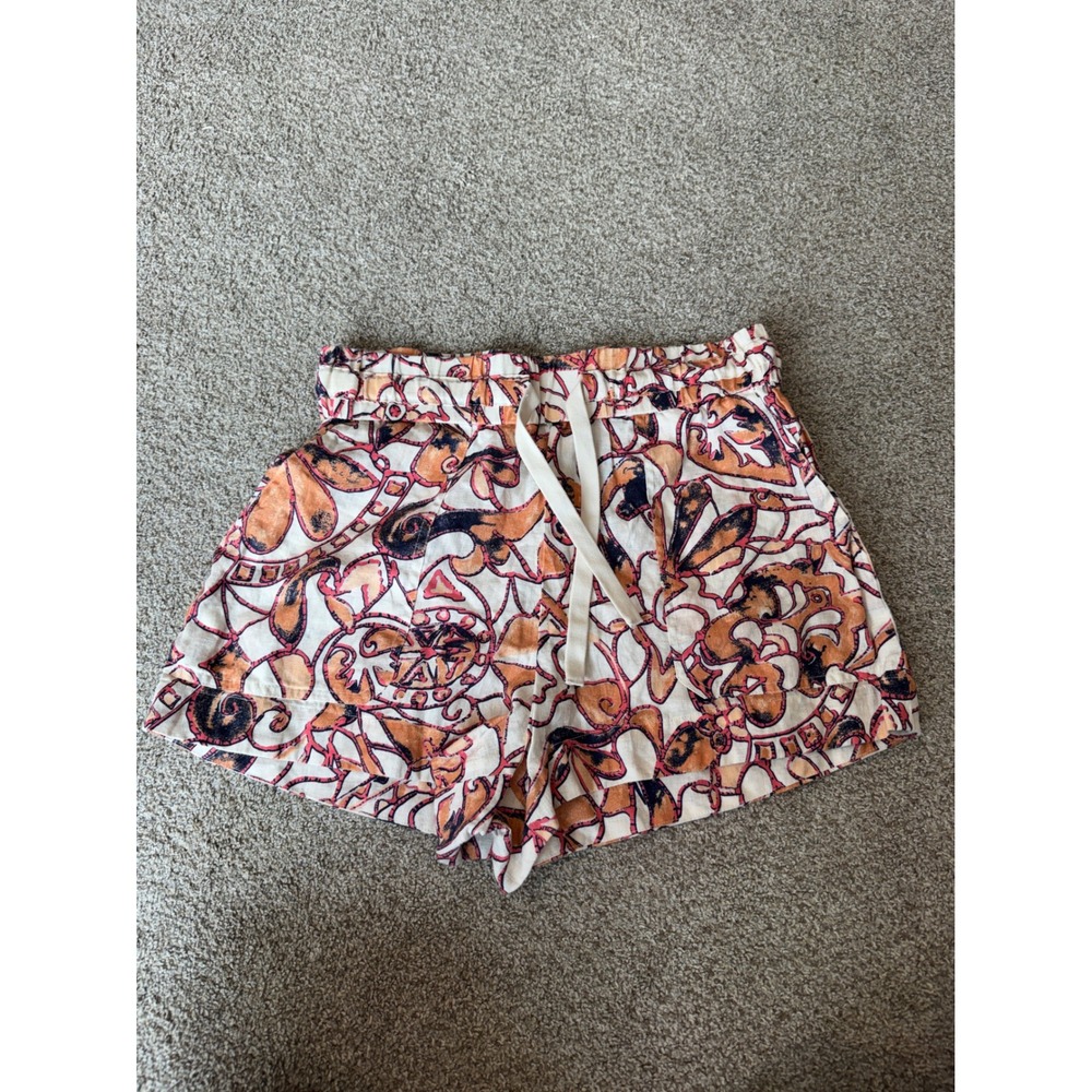 ALC Women Orange Abstract‎ Print Linen Blend Paperbag Waist Shorts Size 6